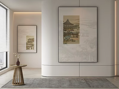Elegant Modern Interior With Two Paintings Round Wooden Table Gray Rug And Window Blinds 3d model