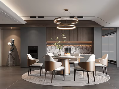 Elegant Modern Restaurant With Round Dining Table Golden Chairs Three Ring Chandelier And Marble Backsplash 3d model