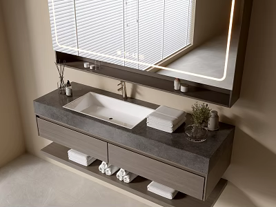 Sleek Modern Bathroom Vanity Cabinet With Lighted Mirror Sink Countertop Towel Storage And Decor 3d model
