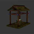 Traditional Wooden Architectural Structure With Thatched Roof And Stone Well Basin On Square Base