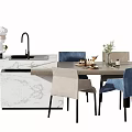 Modern Dining Table Set With Marble Tabletop And Upholstered Blue Beige Chairs 3d model