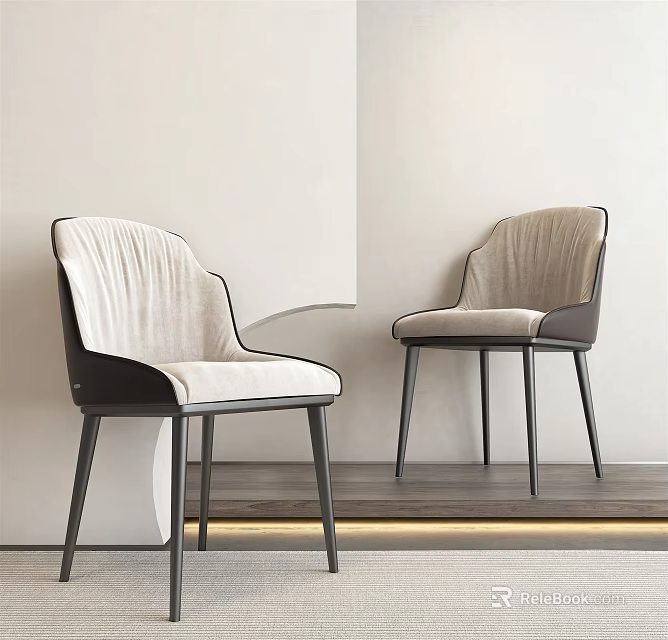 Modern Beige Velvet Dining Chairs With Pleated Backrest And Black Metal Legs 3d model 