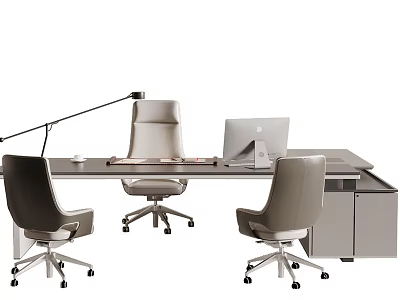 Modern Office Desk Setup With Three Chairs Laptop Desk Lamp And Supplies 3d model