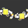 Lego Robot Characters With Yellow Heads And Orange Gray Bodies Front Back Views