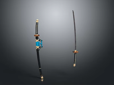 Traditional Samurai Swords With Sheathed Blue Decoration Golden Fittings And Unsheathed Slender Blade 3d model