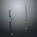 Traditional Samurai Swords With Sheathed Blue Decoration Golden Fittings And Unsheathed Slender Blade