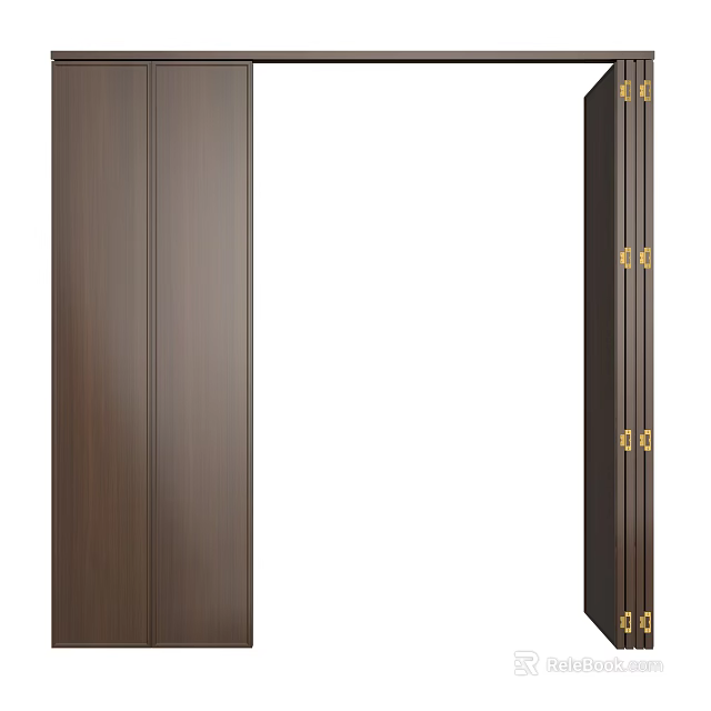 Elegant Double Panel Dark Brown Wooden Folding Doors With Golden Hinges And Smooth Surface 3d model