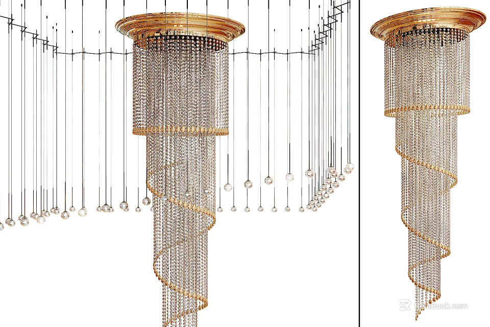 Elegant Gold Crystal Chandelier with Spiral Structure and Hanging Crystal Pendants for Luxury Interior Decoration 3d model 
