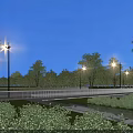 Bridge Night Scene With Street Lights Trees Red Car White Railings And Blue Sky