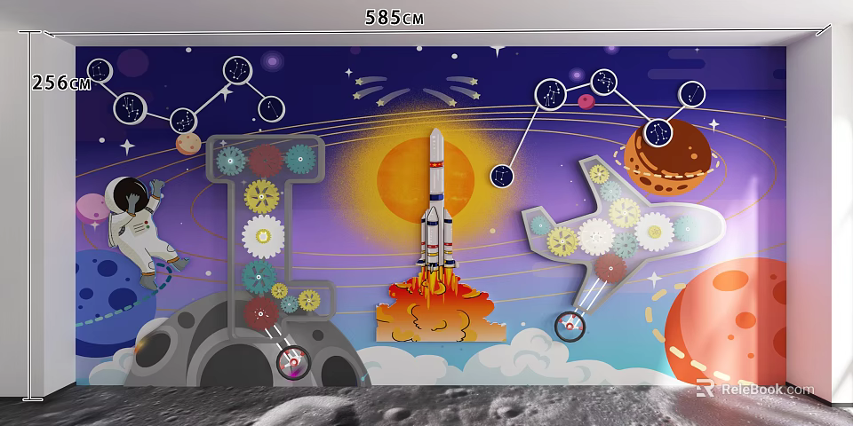 Kindergarten Classroom With Space Theme Rocket Planets Gears And Astronaut Decor 3d model