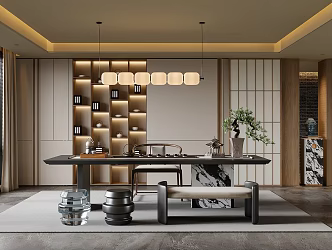 New Chinese Style Tea Room Tea Table and Chair Tea Set Study Desk and Chair Stool Bookcase 3d model