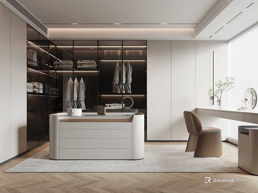 Modern Walk in Closet Interior Design With Open Wardrobe And Dressing Table 3d model 