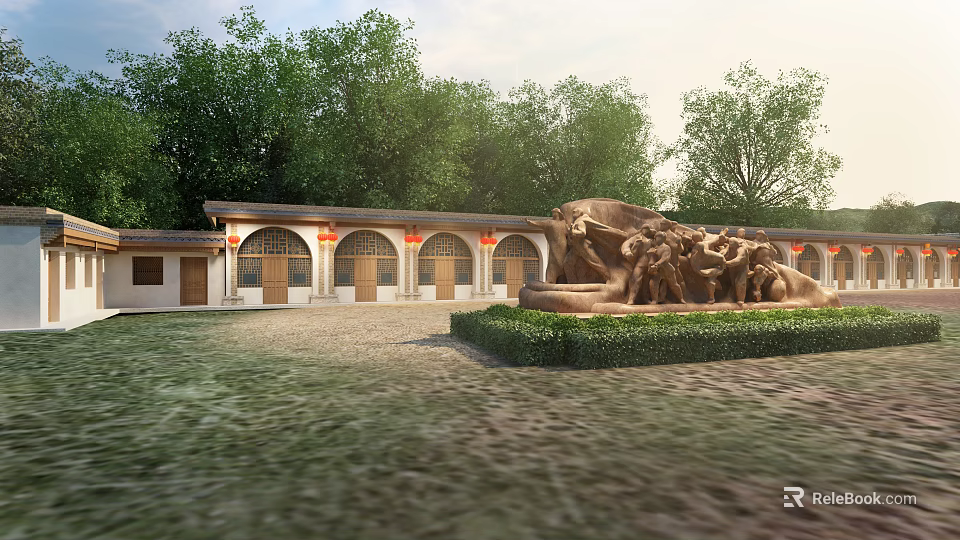 Traditional Archway Courtyard With Red Decorations Large Sculpture And Greenery Surrounded By Trees 3d model 
