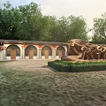 Traditional Archway Courtyard With Red Decorations Large Sculpture And Greenery Surrounded By Trees