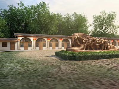 Traditional Archway Courtyard With Red Decorations Large Sculpture And Greenery Surrounded By Trees 3d model