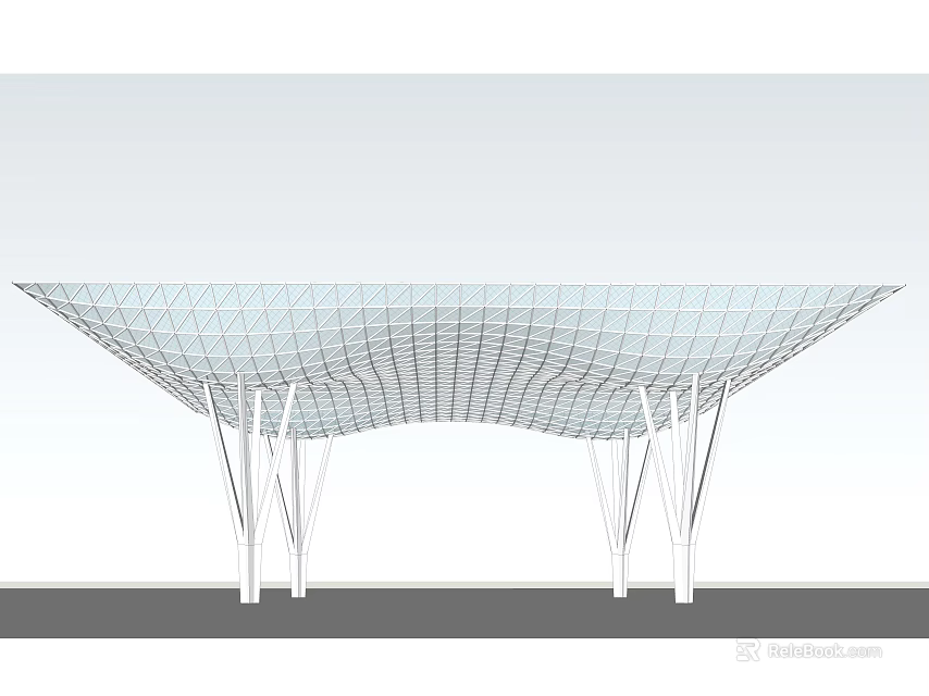 Modern Curved Canopy Structure With Steel Frame Grid Design And Supporting Columns 3d model