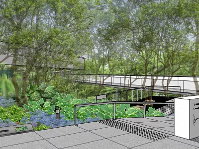 Garden Landscape Design With Lush Trees Walkway Railings And Paved Ground 3d model