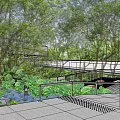 Garden Landscape Design With Lush Trees Walkway Railings And Paved Ground