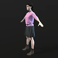 Woman Wearing Pink Sweater Black Pleated Skirt And Brown Boots With Arms Outstretched Black Background