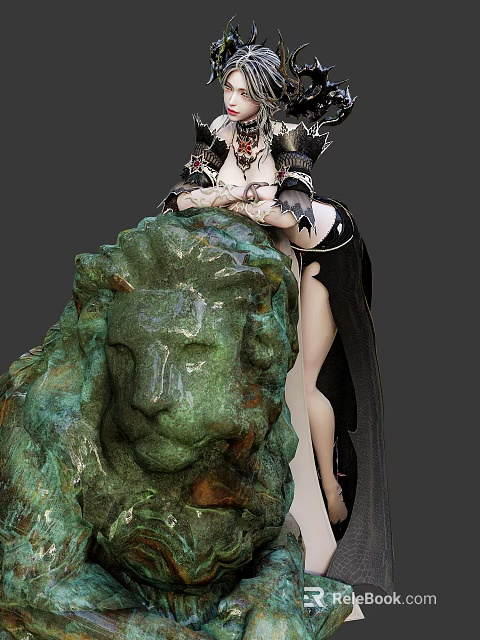 Woman Leaning Against Green Lion Statue With Elegant Pose And Details 3d model 