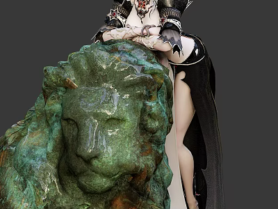 Woman Leaning Against Green Lion Statue With Elegant Pose And Details 3d model