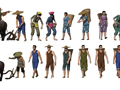 Diverse Group of People in Traditional Outfits With Conical Hats and Baskets 3d model