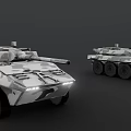 Two Military Wheeled Armored Vehicles with Camouflage Pattern and Combat Features