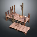 Wooden Platform Structure With Wooden Pillars Steps Beam And Rope