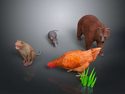 Different Animals Figurines Display With Cat Mouse Bear Chicken And Green Grass 3d model