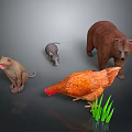 Different Animals Figurines Display With Cat Mouse Bear Chicken And Green Grass 3d model