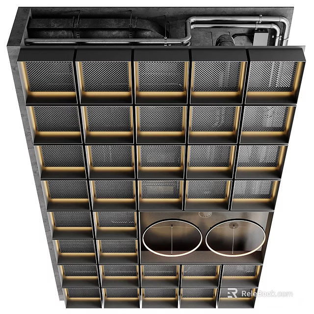 Modern Ceiling With Grid Design Golden Borders Black Panels And Recessed Lights 3d model 