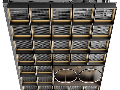 Modern Ceiling With Grid Design Golden Borders Black Panels And Recessed Lights 3d model