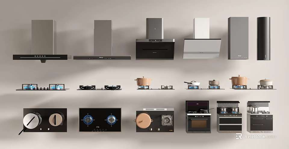 Different Types of Kitchen Appliances Including Range Hoods Stovetops Ovens and Pans 3d model 
