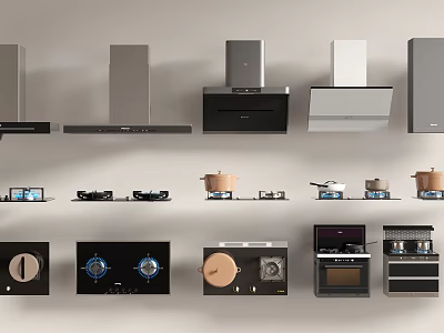 Different Types of Kitchen Appliances Including Range Hoods Stovetops Ovens and Pans 3d model