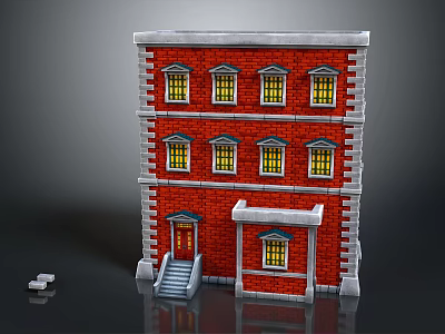 Cartoon Scene Of Red Brick Building With Multiple Floors Yellow Windows And Stone Steps 3d model