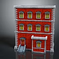 Cartoon Scene Of Red Brick Building With Multiple Floors Yellow Windows And Stone Steps