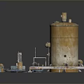 Industrial Equipment Parts Including Rusty Yellow Tank Pipes Metal Frame And Tools