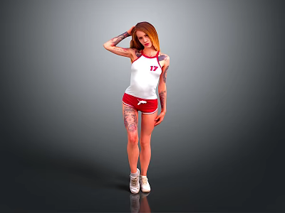 Woman With Red Hair In White Tank Top Red 17 Shorts Tattoos And White Sneakers 3d model