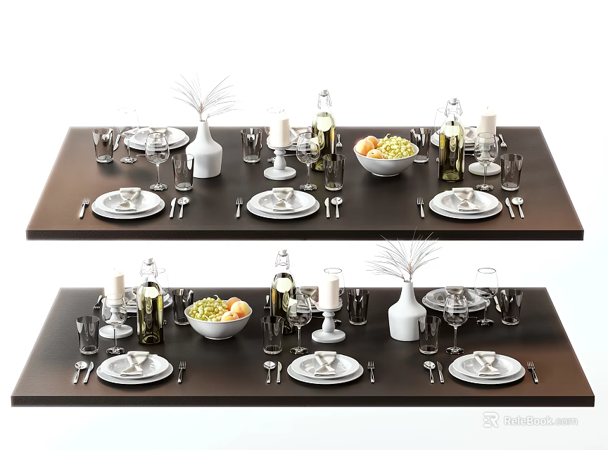 Elegant Dinnerware Set With Plates Cutlery Wine Glasses Bowl Vase And Candles On Table 3d model 