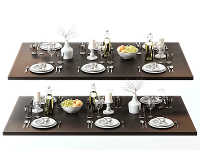 Elegant Dinnerware Set With Plates Cutlery Wine Glasses Bowl Vase And Candles On Table 3d model