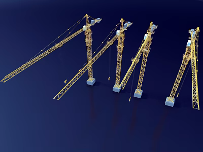 Industrial Equipment Multiple Golden Tower Cranes With Tower Structures And Bases On Dark Background 3d model