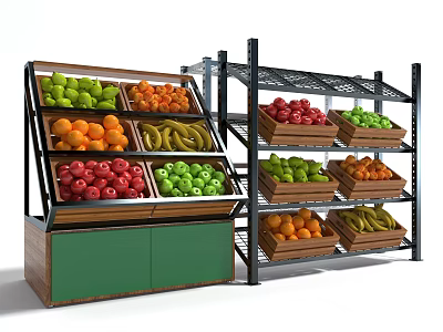 Fresh Fruit Display Shelves With Multiple Layers Metal Frame And Wooden Storage 3d model