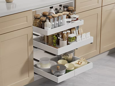 Organized Kitchen Drawer Storage With Spice Jars Bowls And Cooking Utensils 3d model