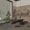 Traditional Tea Room Interior Design With Landscape Painting Screen Green Plants And Stone Tea Table