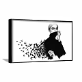 Black and White Framed Portrait of Woman in Headscarf with Flying Birds from Black Turtleneck
