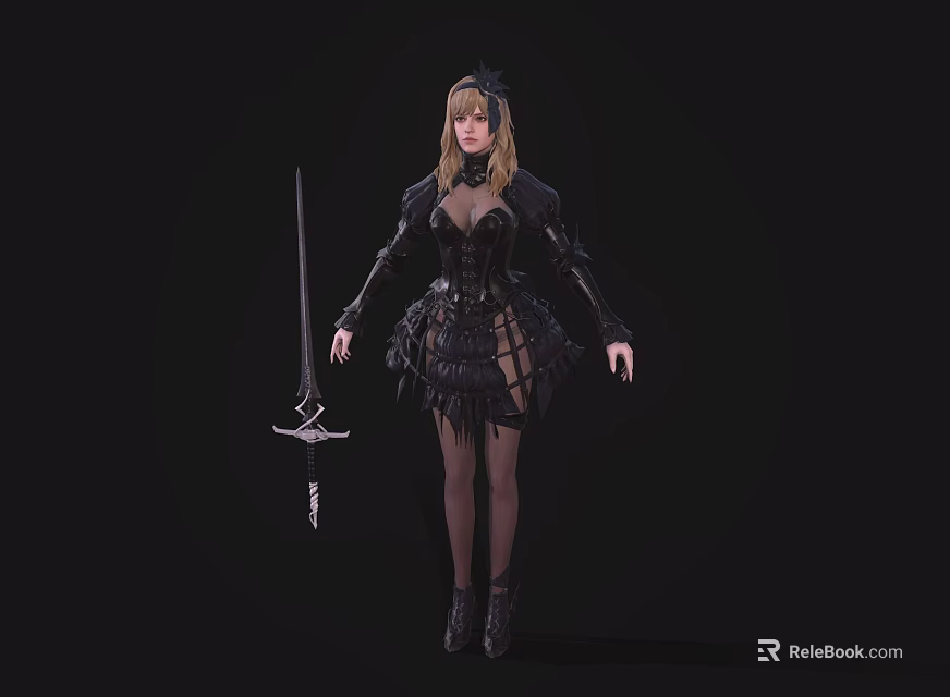 Blonde Female Game and Movie Character in Black Lace Fringe Outfit Holding Sword 3d model 