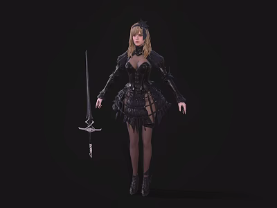 Blonde Female Game and Movie Character in Black Lace Fringe Outfit Holding Sword 3d model