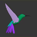 Green and Purple Hummingbird with Extended Wings and Reflection on Gray Background