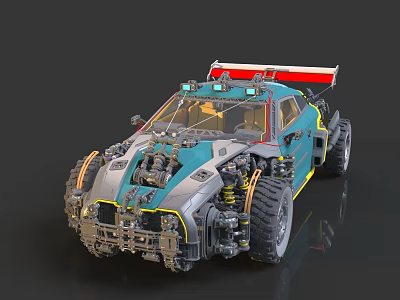 Teal And Gray Utility Vehicle With Mechanical Details Large Tires Exposed Engine And Roof Spoiler 3d model