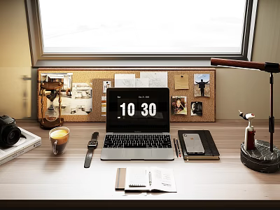 Bright Desk Setup With Laptop Coffee Cup Desk Lamp Corkboard Photos Camera And Notebook 3d model